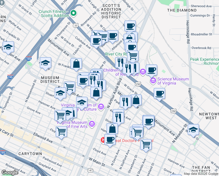 map of restaurants, bars, coffee shops, grocery stores, and more near 604 North Arthur Ashe Boulevard in Richmond