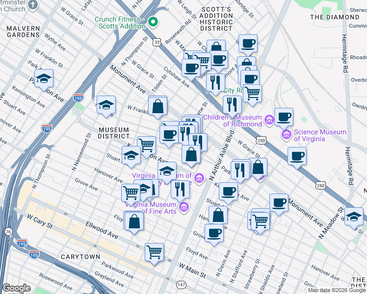 map of restaurants, bars, coffee shops, grocery stores, and more near 516 North Sheppard Street in Richmond
