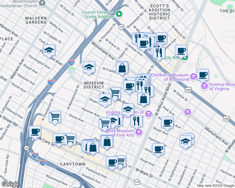 map of restaurants, bars, coffee shops, grocery stores, and more near 3203 Virginia 6 in Richmond