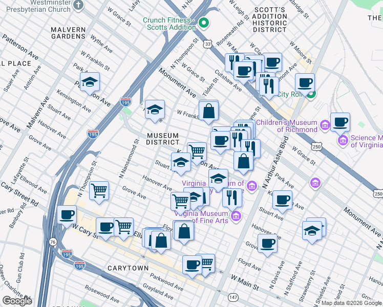 map of restaurants, bars, coffee shops, grocery stores, and more near 3203 Virginia 6 in Richmond
