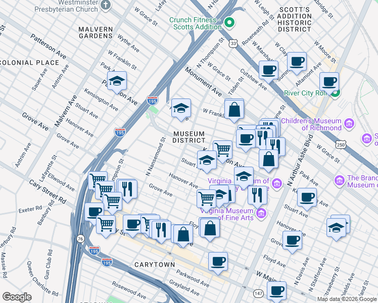 map of restaurants, bars, coffee shops, grocery stores, and more near 3324-3326 Stuart Avenue in Richmond