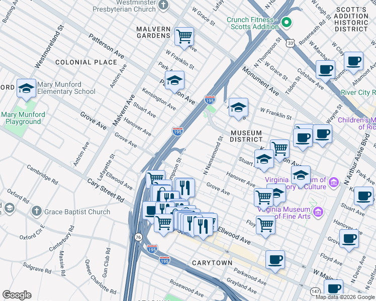 map of restaurants, bars, coffee shops, grocery stores, and more near 3529 Hanover Avenue in Richmond