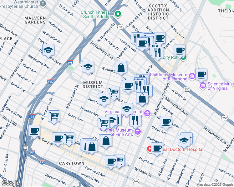 map of restaurants, bars, coffee shops, grocery stores, and more near 3201 Patterson Avenue in Richmond