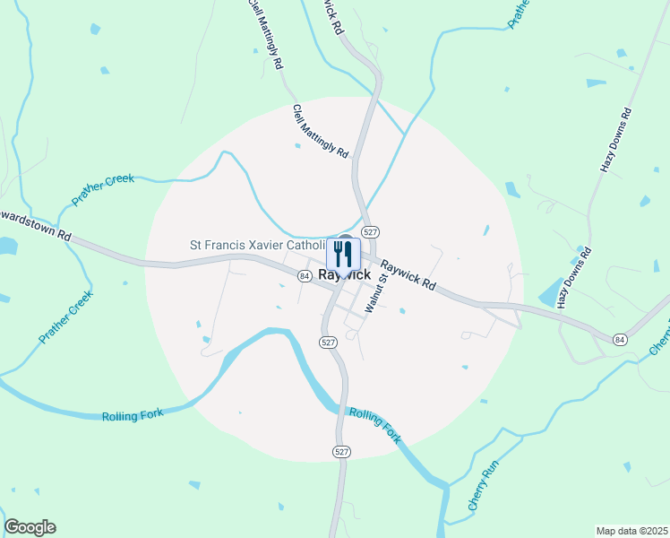 map of restaurants, bars, coffee shops, grocery stores, and more near Cross Street in Raywick
