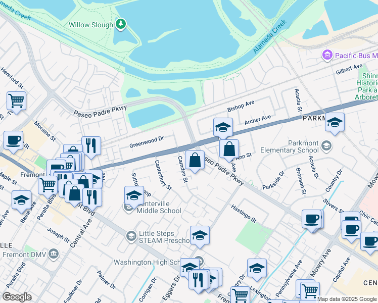 map of restaurants, bars, coffee shops, grocery stores, and more near 37832 Bright Common in Fremont