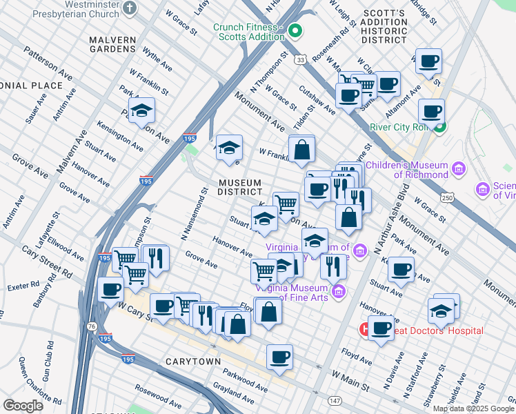 map of restaurants, bars, coffee shops, grocery stores, and more near 3309 Kensington Avenue in Richmond