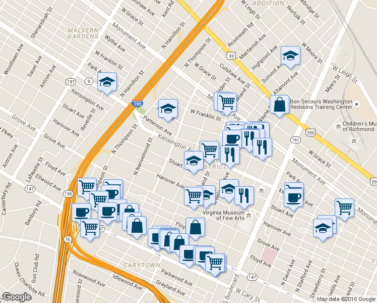 map of restaurants, bars, coffee shops, grocery stores, and more near 3309 Kensington Avenue in Richmond