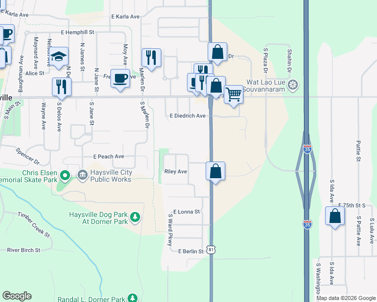 map of restaurants, bars, coffee shops, grocery stores, and more near 308-316 South Sunnyside Road in Haysville