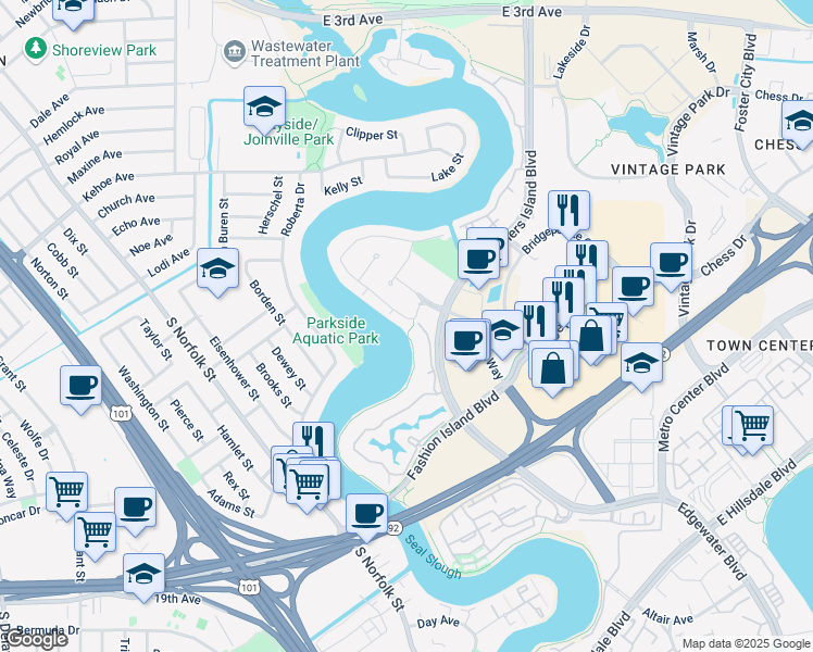 map of restaurants, bars, coffee shops, grocery stores, and more near 834 Wharfside Road in San Mateo