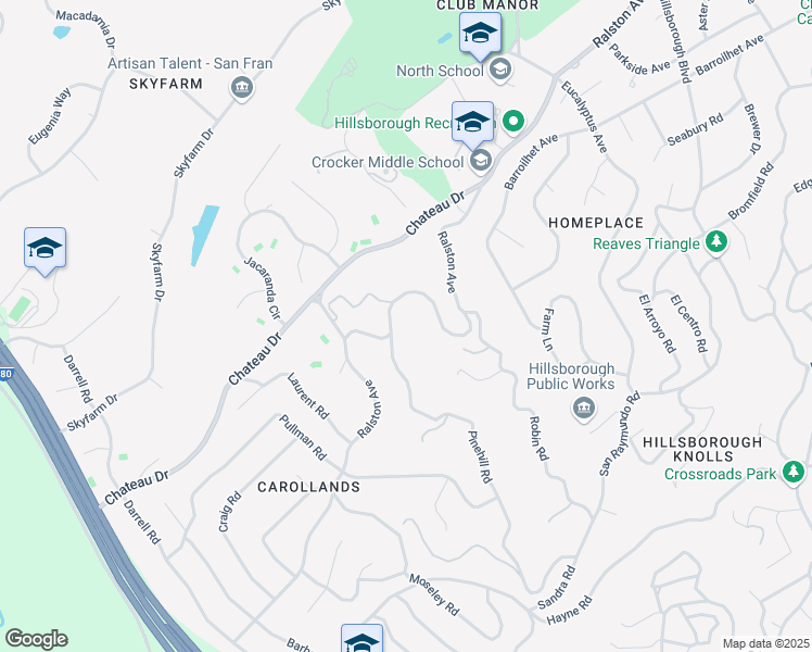 map of restaurants, bars, coffee shops, grocery stores, and more near 3085 Ralston Avenue in Hillsborough