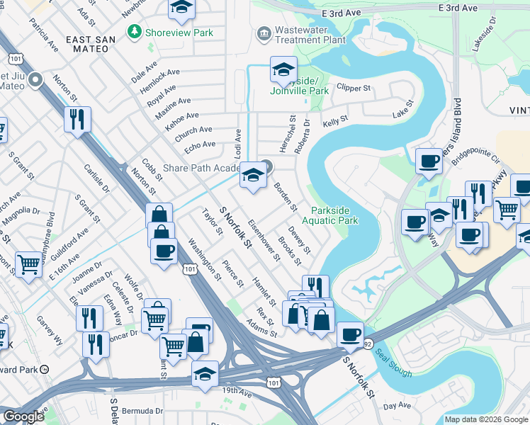 map of restaurants, bars, coffee shops, grocery stores, and more near 1701 Eisenhower Street in San Mateo