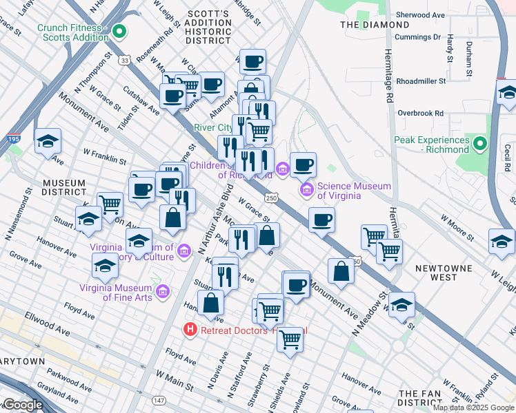 map of restaurants, bars, coffee shops, grocery stores, and more near 2700 West Grace Street in Richmond