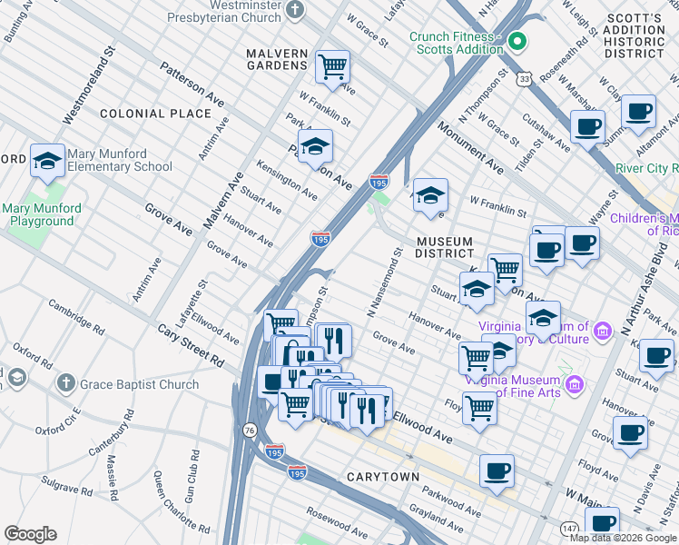 map of restaurants, bars, coffee shops, grocery stores, and more near 3529 Hanover Avenue in Richmond