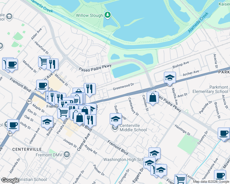 map of restaurants, bars, coffee shops, grocery stores, and more near 3292 Greenwood Drive in Fremont