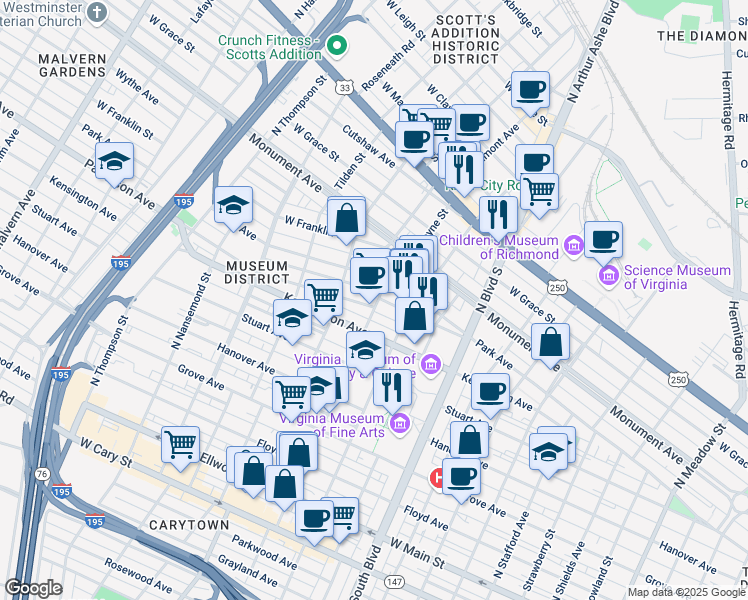 map of restaurants, bars, coffee shops, grocery stores, and more near 3104 Kensington Avenue in Richmond
