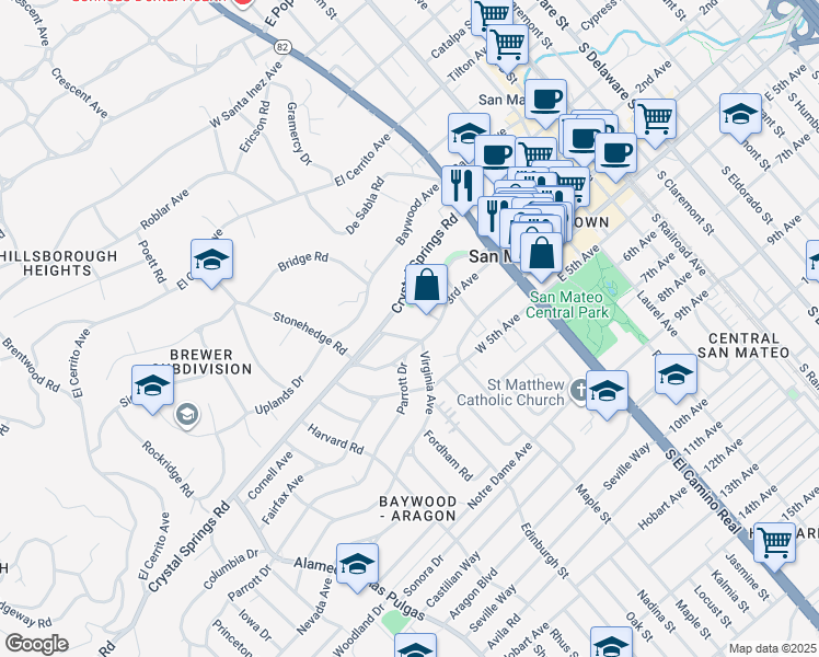 map of restaurants, bars, coffee shops, grocery stores, and more near 212 Eaton Road in San Mateo