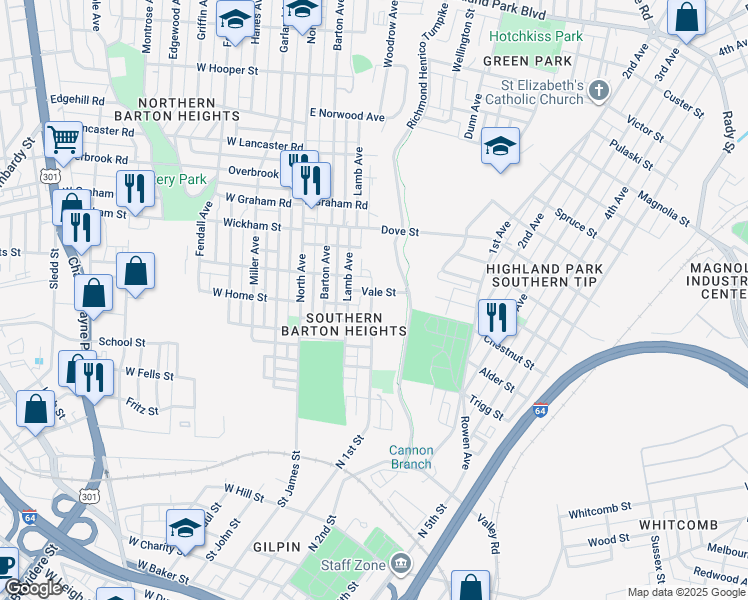 map of restaurants, bars, coffee shops, grocery stores, and more near 2015 Monteiro Street in Richmond