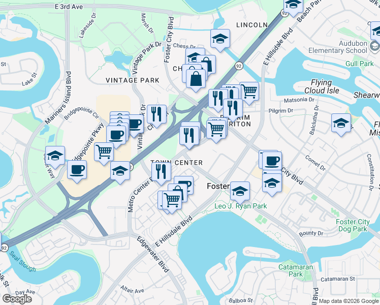 map of restaurants, bars, coffee shops, grocery stores, and more near 1000 Metro Center Boulevard in Foster City