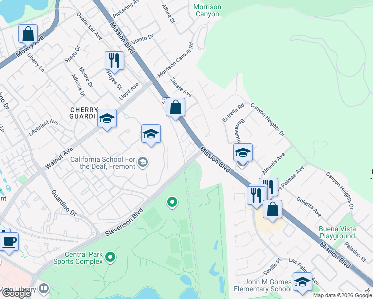 map of restaurants, bars, coffee shops, grocery stores, and more near 127 Branta Common in Fremont