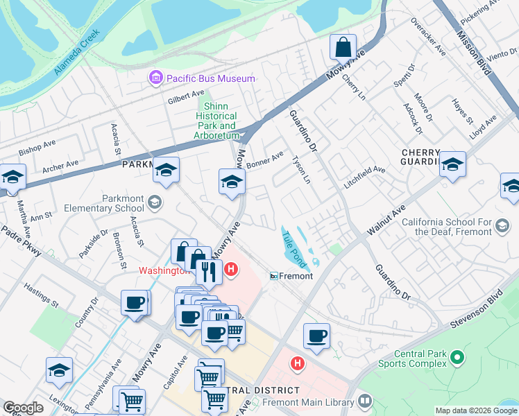 map of restaurants, bars, coffee shops, grocery stores, and more near 38703 Greenwich Circle in Fremont