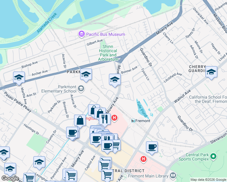 map of restaurants, bars, coffee shops, grocery stores, and more near 38508 Mary Terrace in Fremont