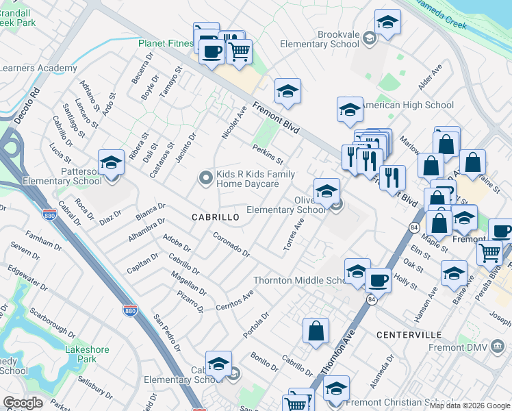 map of restaurants, bars, coffee shops, grocery stores, and more near 36178 Elba Place in Fremont