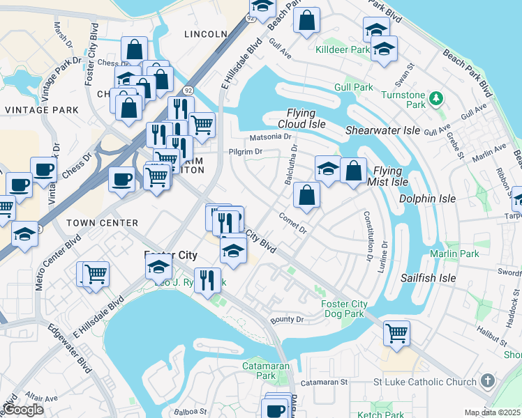map of restaurants, bars, coffee shops, grocery stores, and more near 678 Harvester Drive in Foster City