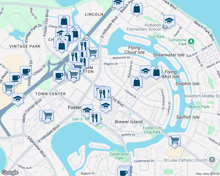 map of restaurants, bars, coffee shops, grocery stores, and more near 8216 Admiralty Lane in Foster City