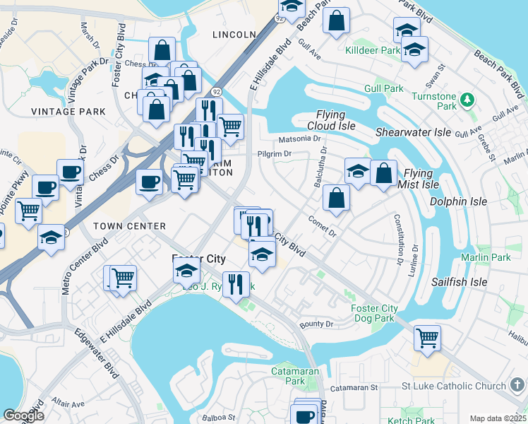 map of restaurants, bars, coffee shops, grocery stores, and more near 8216 Admiralty Lane in Foster City