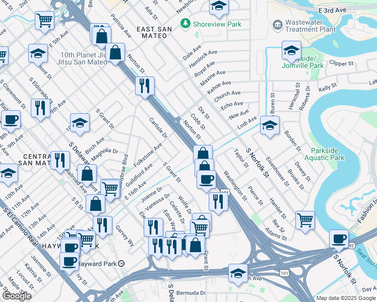map of restaurants, bars, coffee shops, grocery stores, and more near 1120 Folkstone Avenue in San Mateo