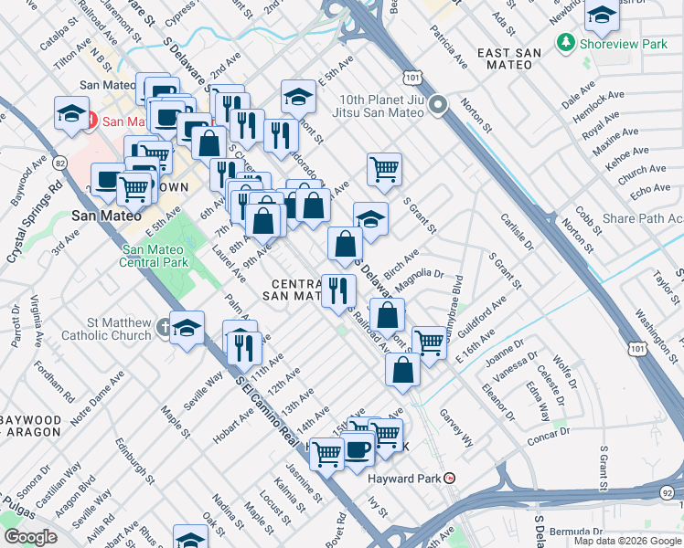 map of restaurants, bars, coffee shops, grocery stores, and more near 1006 South Delaware Street in San Mateo