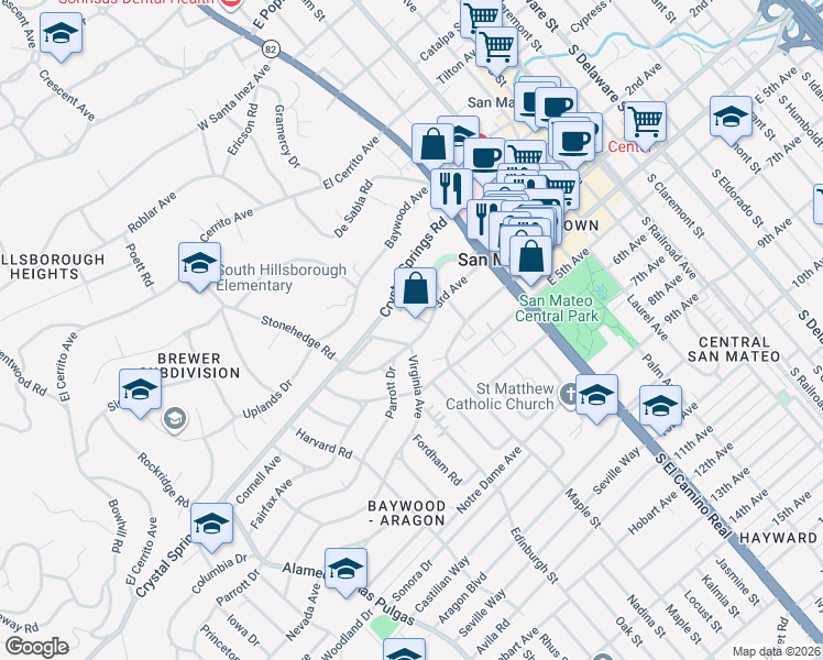 map of restaurants, bars, coffee shops, grocery stores, and more near 147 Arroyo Court in San Mateo