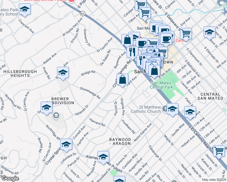map of restaurants, bars, coffee shops, grocery stores, and more near 147 Arroyo Court in San Mateo