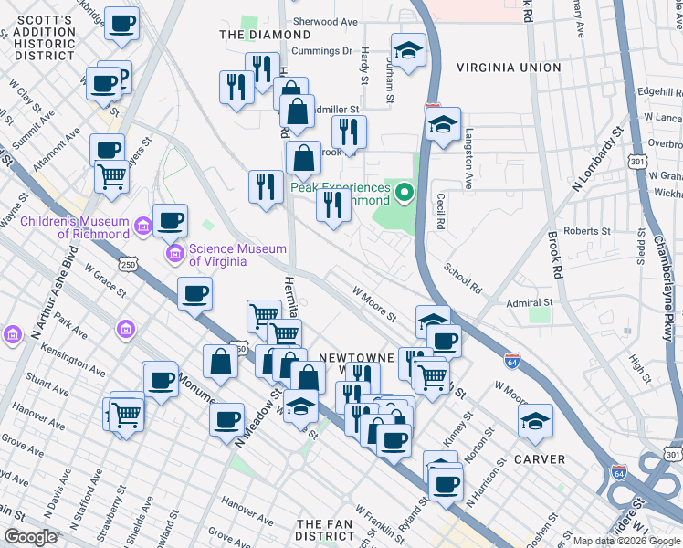 map of restaurants, bars, coffee shops, grocery stores, and more near 1215 Hermitage Road in Richmond