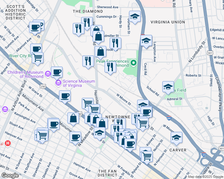map of restaurants, bars, coffee shops, grocery stores, and more near 1215 Hermitage Road in Richmond