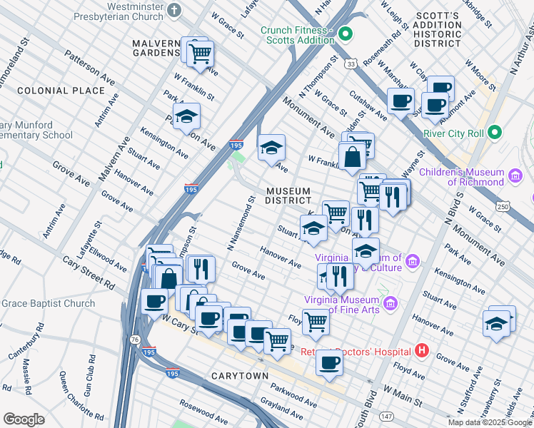 map of restaurants, bars, coffee shops, grocery stores, and more near 3425 Kensington Avenue in Richmond