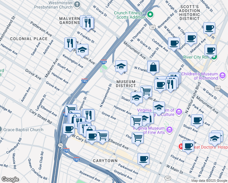 map of restaurants, bars, coffee shops, grocery stores, and more near 3425 Kensington Avenue in Richmond