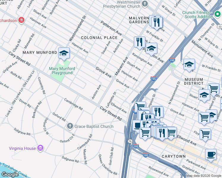 map of restaurants, bars, coffee shops, grocery stores, and more near 57 Virginia 197 in Richmond