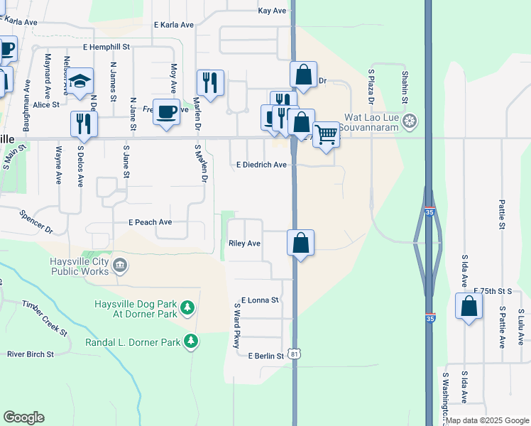map of restaurants, bars, coffee shops, grocery stores, and more near 7335 Highway 81 in Haysville