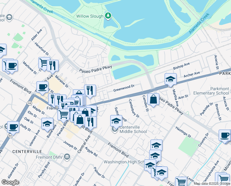map of restaurants, bars, coffee shops, grocery stores, and more near 3292 Greenwood Drive in Fremont