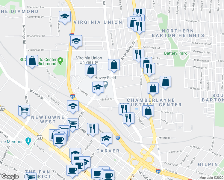 map of restaurants, bars, coffee shops, grocery stores, and more near 2006 Brook Road in Richmond