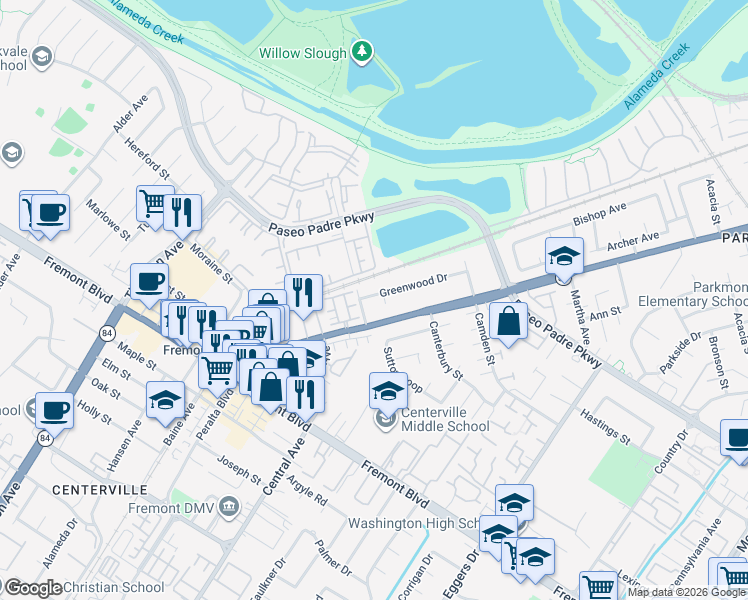 map of restaurants, bars, coffee shops, grocery stores, and more near 3370 Greenwood Drive in Fremont