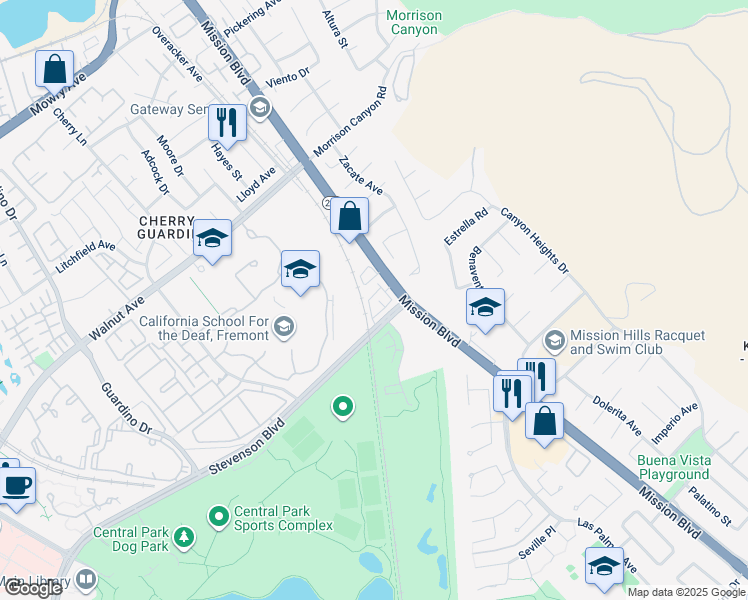 map of restaurants, bars, coffee shops, grocery stores, and more near in Fremont