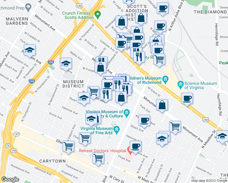 map of restaurants, bars, coffee shops, grocery stores, and more near 3014 Patterson Avenue in Richmond
