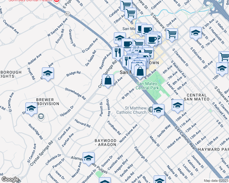 map of restaurants, bars, coffee shops, grocery stores, and more near 117 West 3rd Avenue in San Mateo