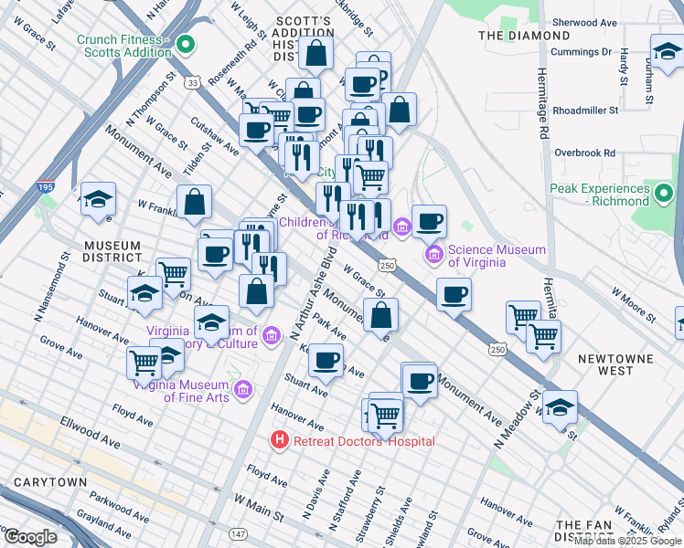 map of restaurants, bars, coffee shops, grocery stores, and more near 2727 West Grace Street in Richmond