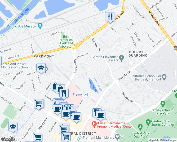 map of restaurants, bars, coffee shops, grocery stores, and more near 38776 Litchfield Circle in Fremont