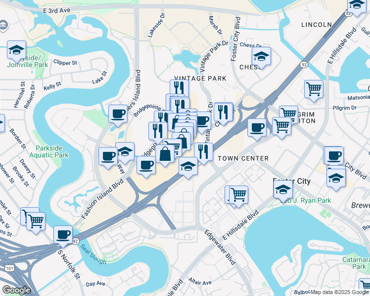 map of restaurants, bars, coffee shops, grocery stores, and more near 2098 Chess Dr in San Mateo