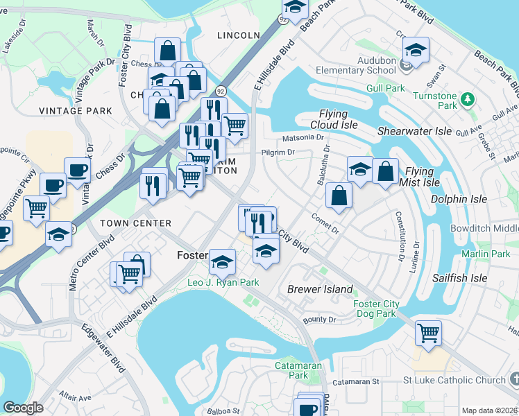 map of restaurants, bars, coffee shops, grocery stores, and more near 3203 Admiralty Lane in Foster City