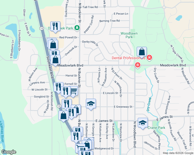 map of restaurants, bars, coffee shops, grocery stores, and more near 1458 North Georgie Avenue in Derby